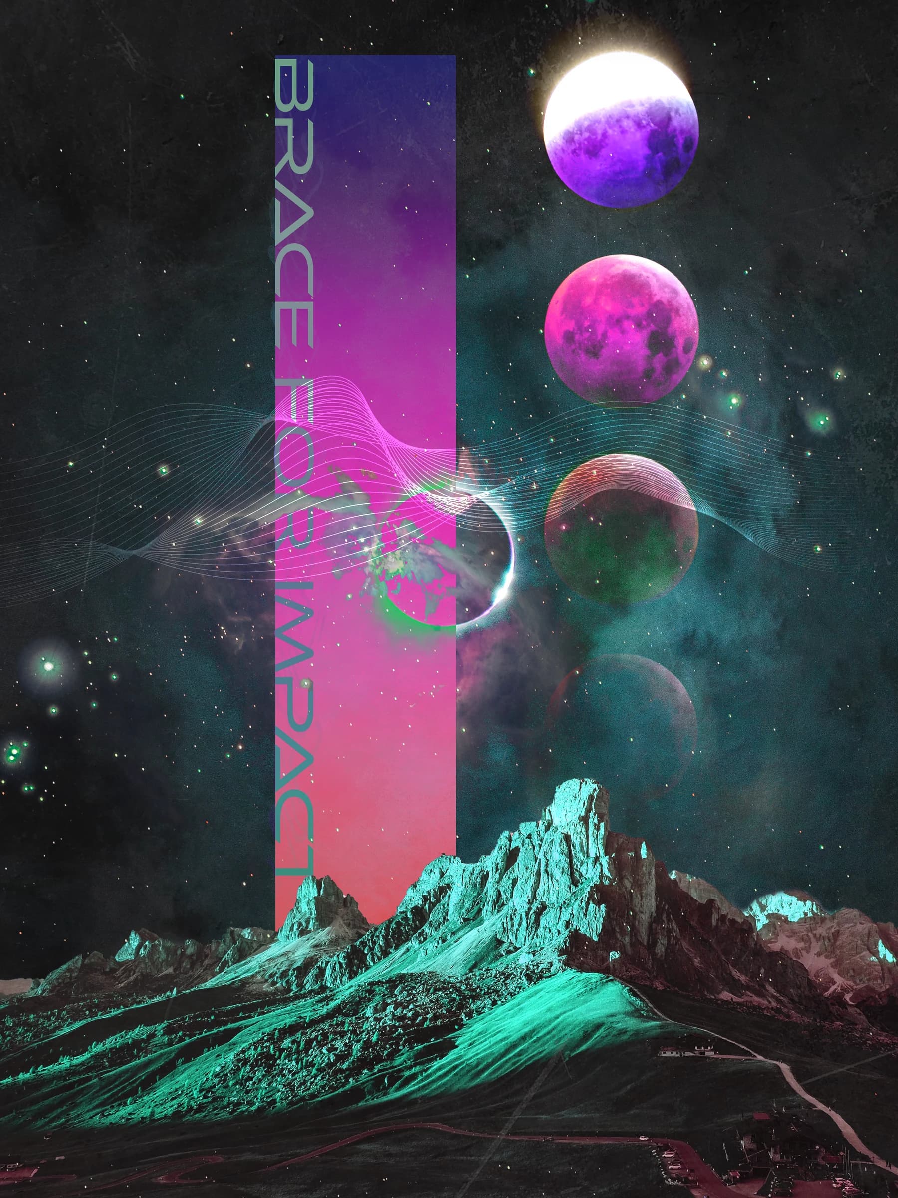 Surreal cosmic landscape with colourful planets and vertical Brace for Impact typography.