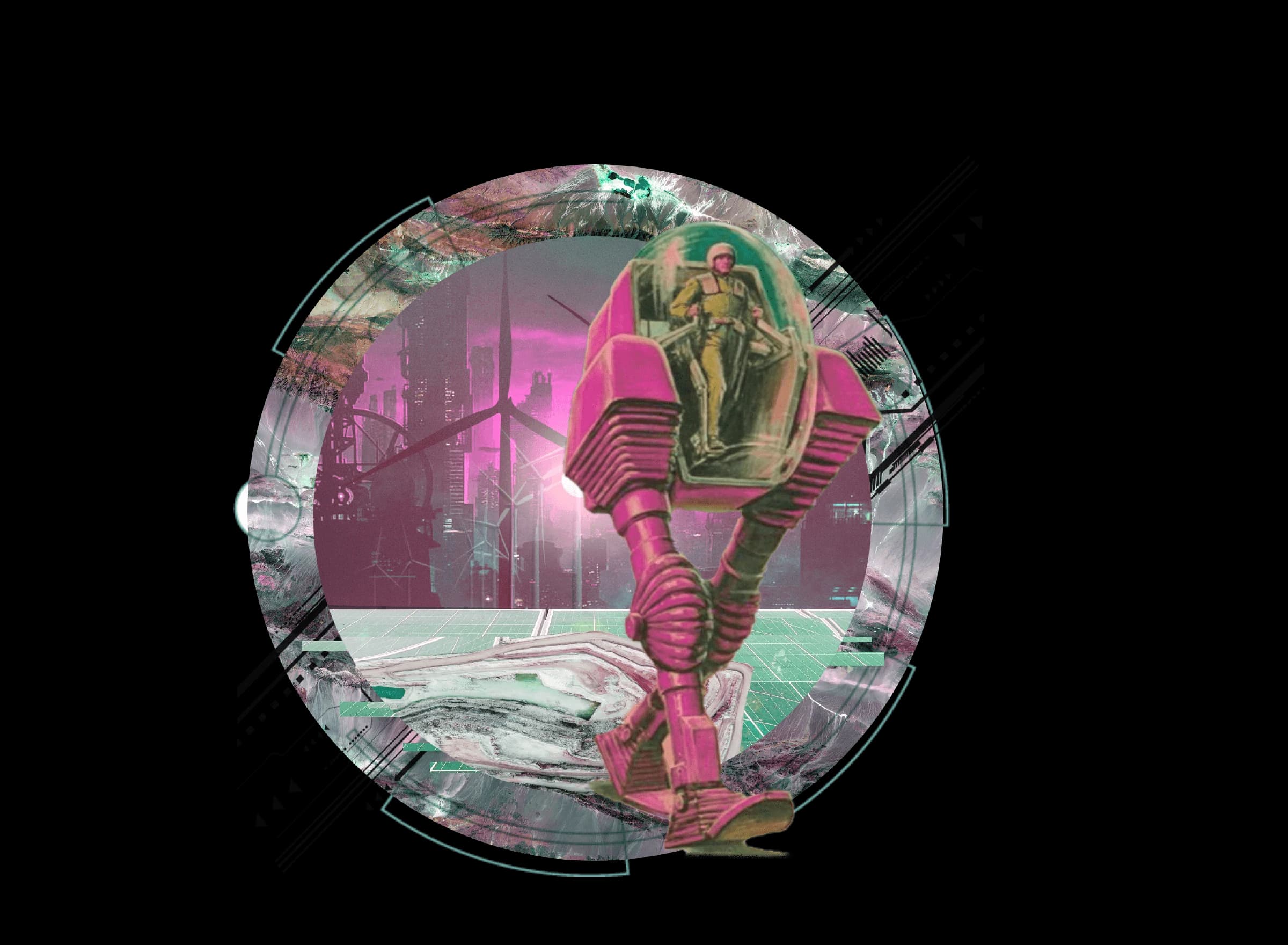 Circular futuristic collage with a seated figure and cyan and magenta architectural elements.
