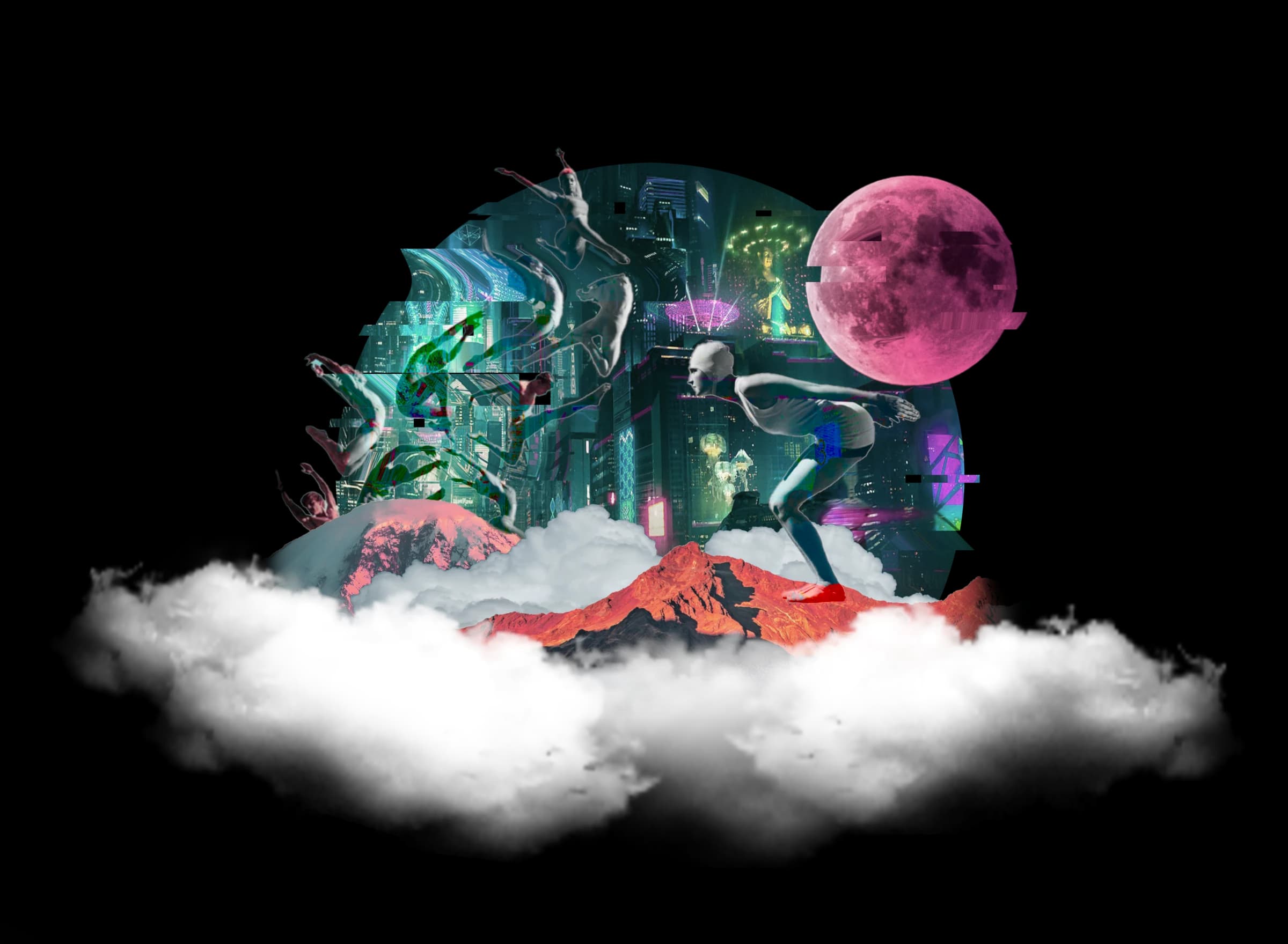 Futuristic architectural collage with a magenta planet and low clouds.