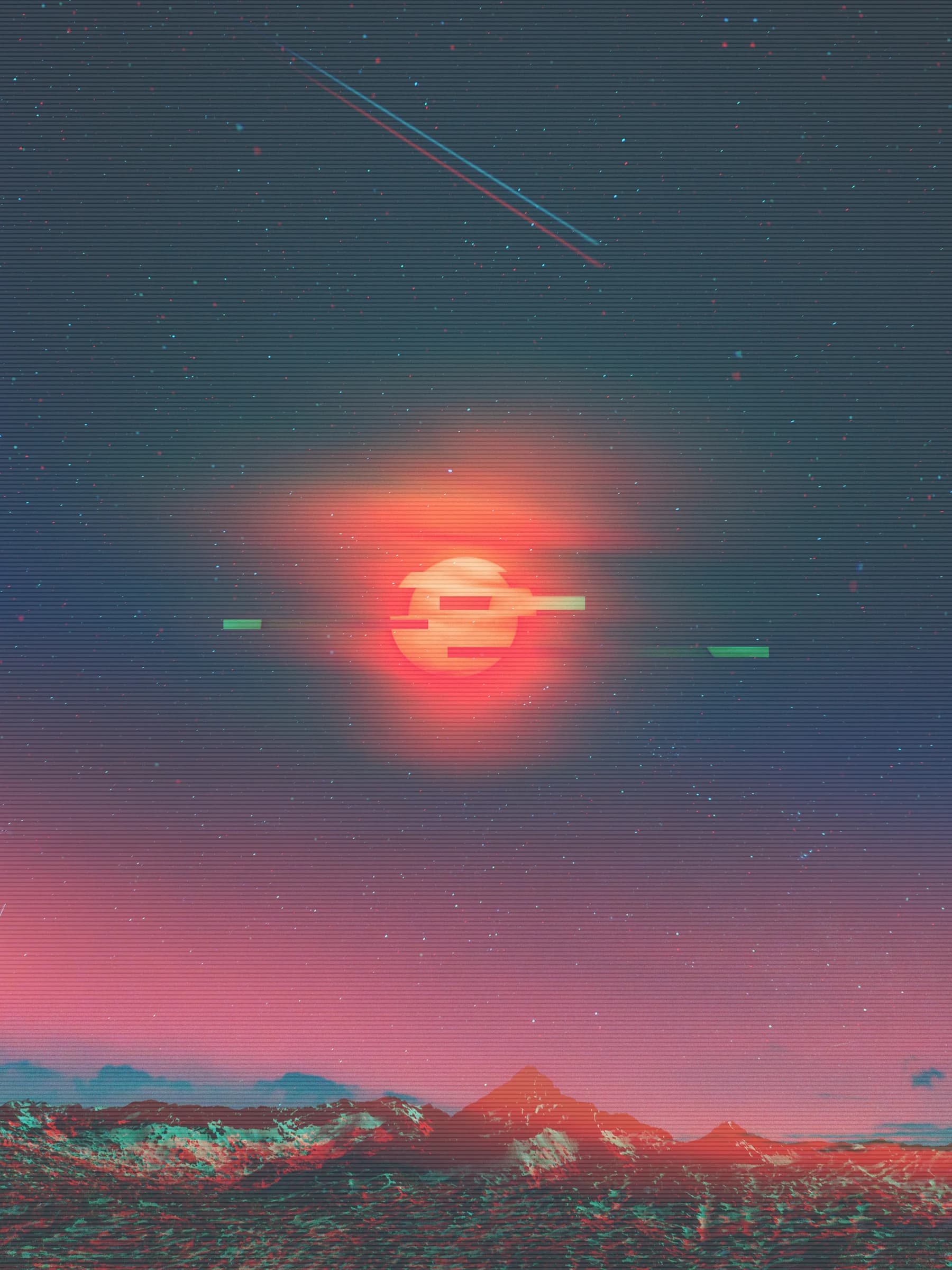 Glitch-inspired sunset over a dark surreal landscape.