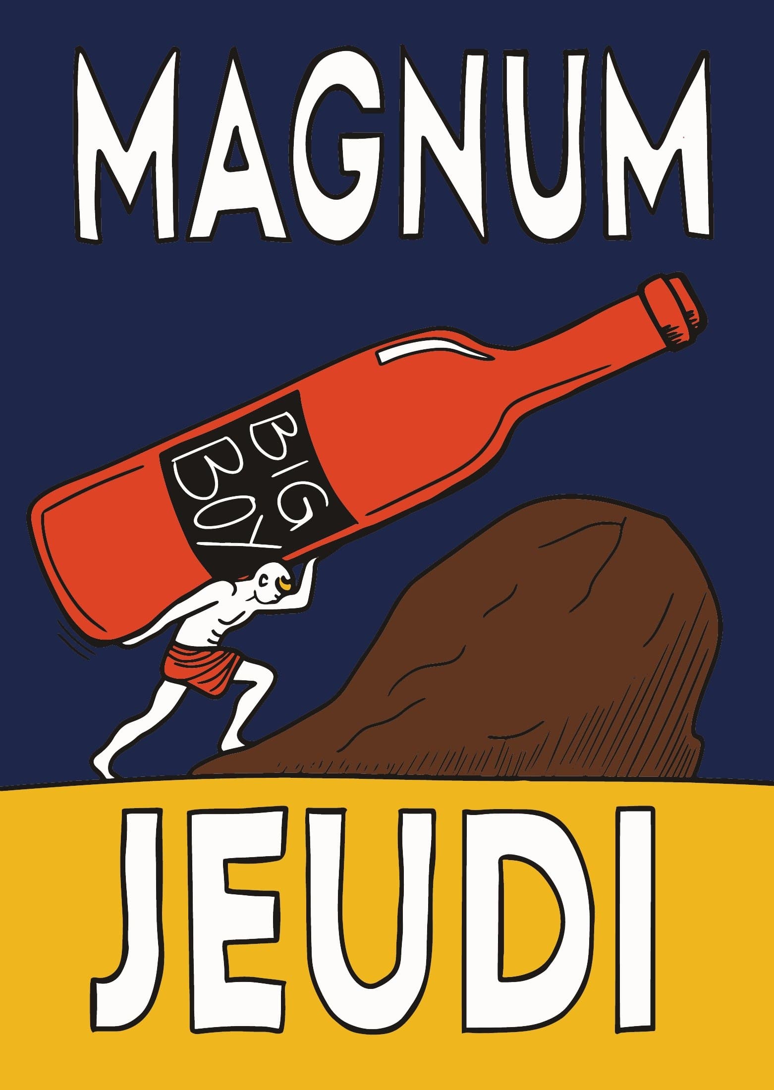 Magnum Jeudi poster showing a red wine bottle above an illustrated figure, with a yellow lower panel.