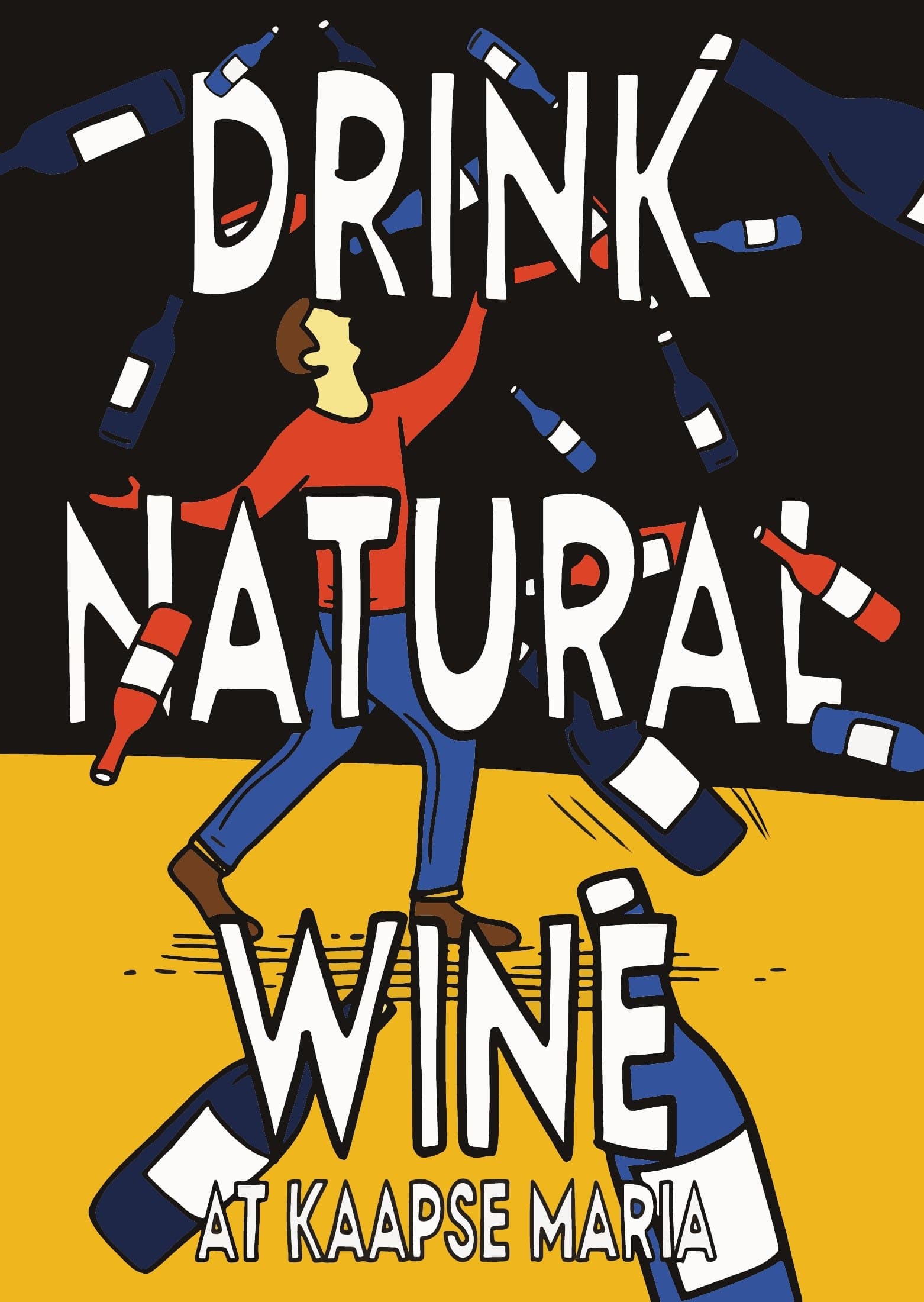 Drink Natural Wine poster for Kaapse Maria with playful white lettering, an illustrated figure and confetti over yellow and dark blue.