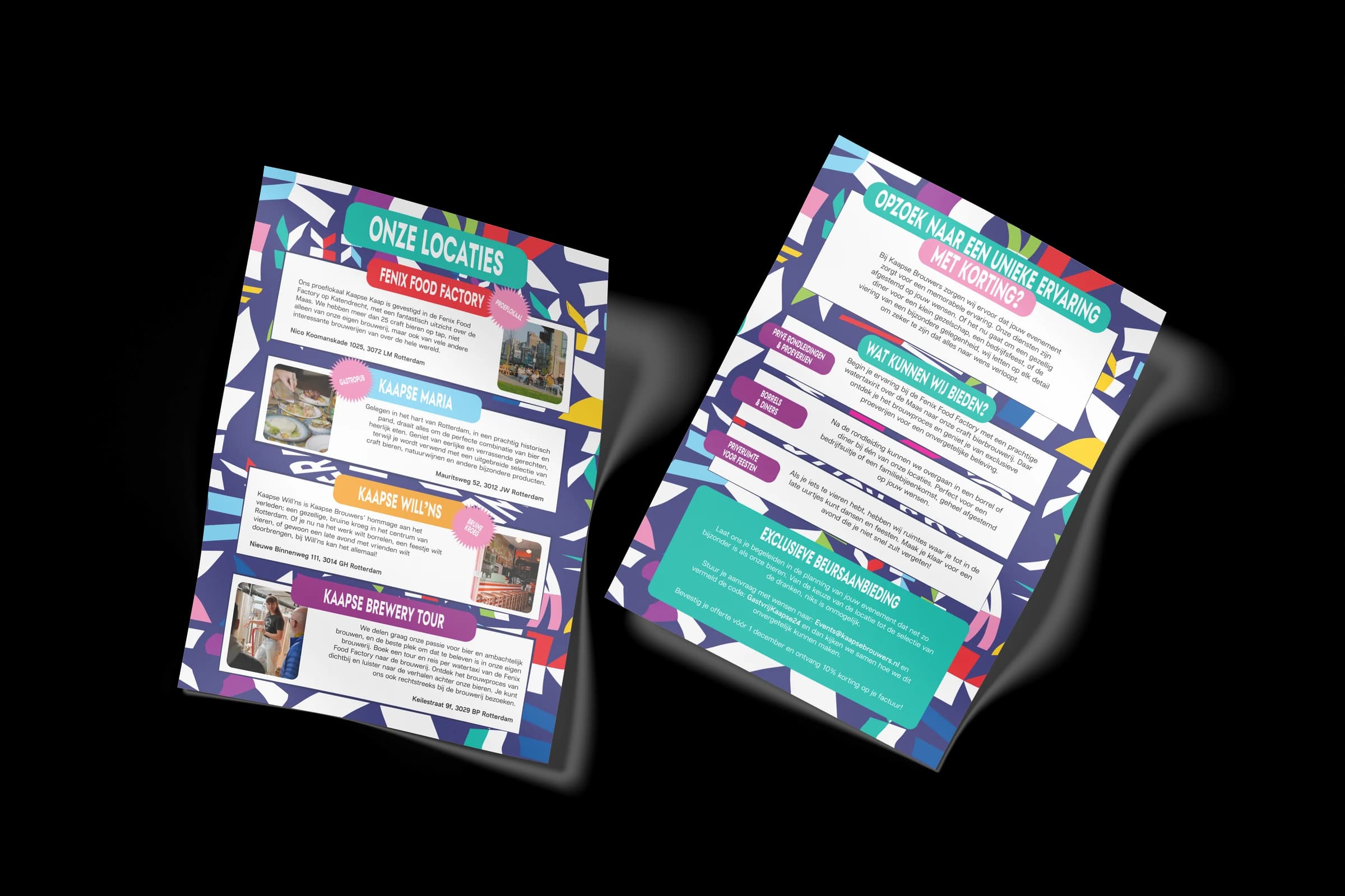 Two colourful printed hospitality leaflets shown as front-and-back mockups.