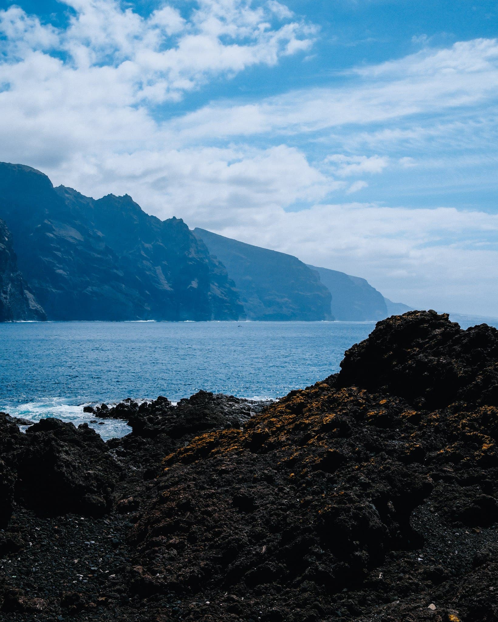 Rocky coastline with steep mountains descending towards the sea.